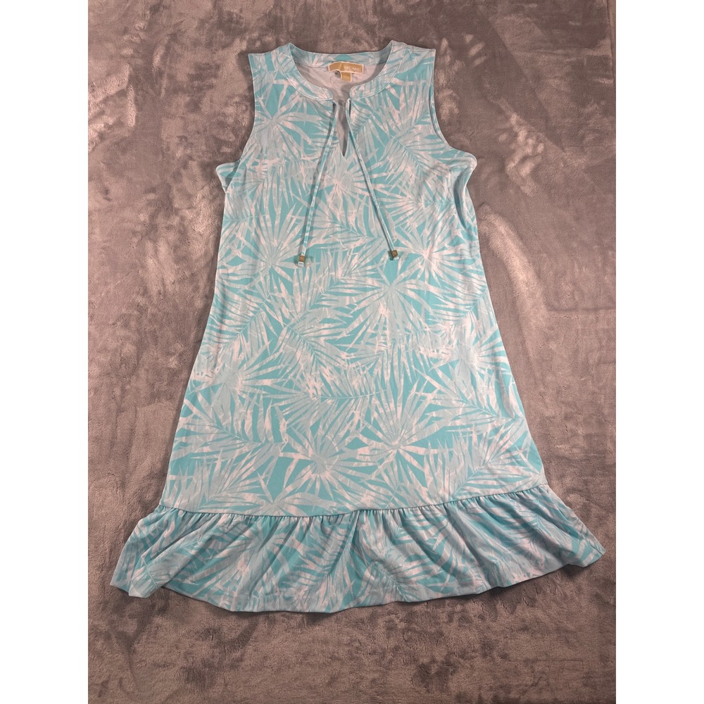 Michael Kors Aqua Blue White Palm Print Ruffle Hem Sleeveless Shift Dress Medium
